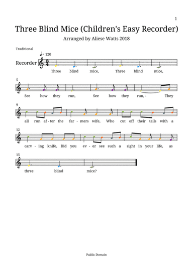 Three Blind Mice (Children's Easy Recorder) (arr. Aliese Watts)