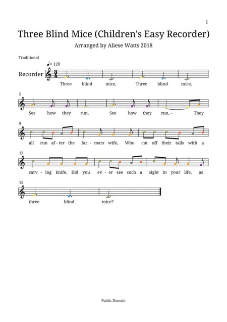 Three Blind Mice (Children's Easy Recorder) (arr. Aliese Watts)