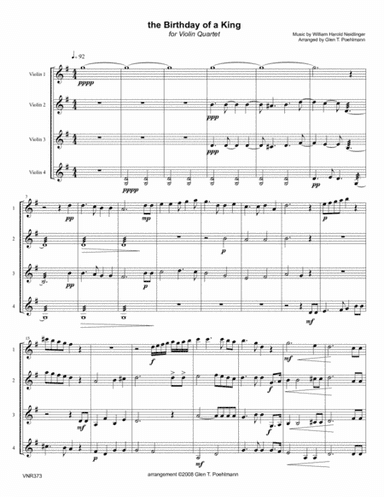 THE BIRTHDAY OF A KING - VIOLIN QUARTET or 3 Violins & Viola (unaccompanied) (arr. Glen Poehlmann)