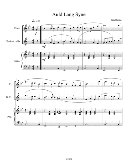 Auld Lang Syne (flute and clarinet duet) with optional piano accompaniment (arr. B. C. Dockery)