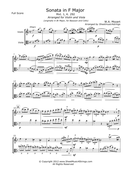 Mozart, W. -  Sonata in F (Mvt. 1) for Violin and Viola (arr. Linda M. Scott)