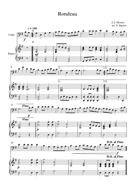 Rondeau, Jean-Joseph Mouret, For Cello & Piano