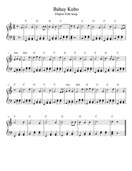 Bahay Kubo (Filipino Folk Song) Easy Piano With Chords (arr. Airom Camua)