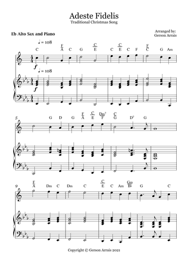 Adeste Fidelis - Traditional Christmas Song - for Eb Alto Sax and Piano - Score and Parts (arr. Gerson Arrais)