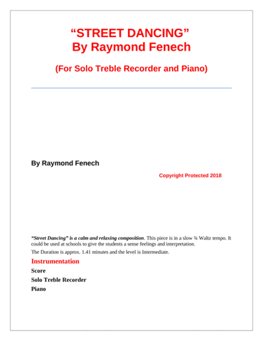 "Street Dancing" - For Solo Treble Recorder and Piano - Early Intermediate/ Intermediate level