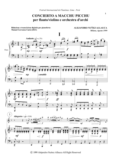 Concierto a Macchu Picchu for flute and string orchestra (Piano reduction) (arr. Manuel Carranza Cueto)