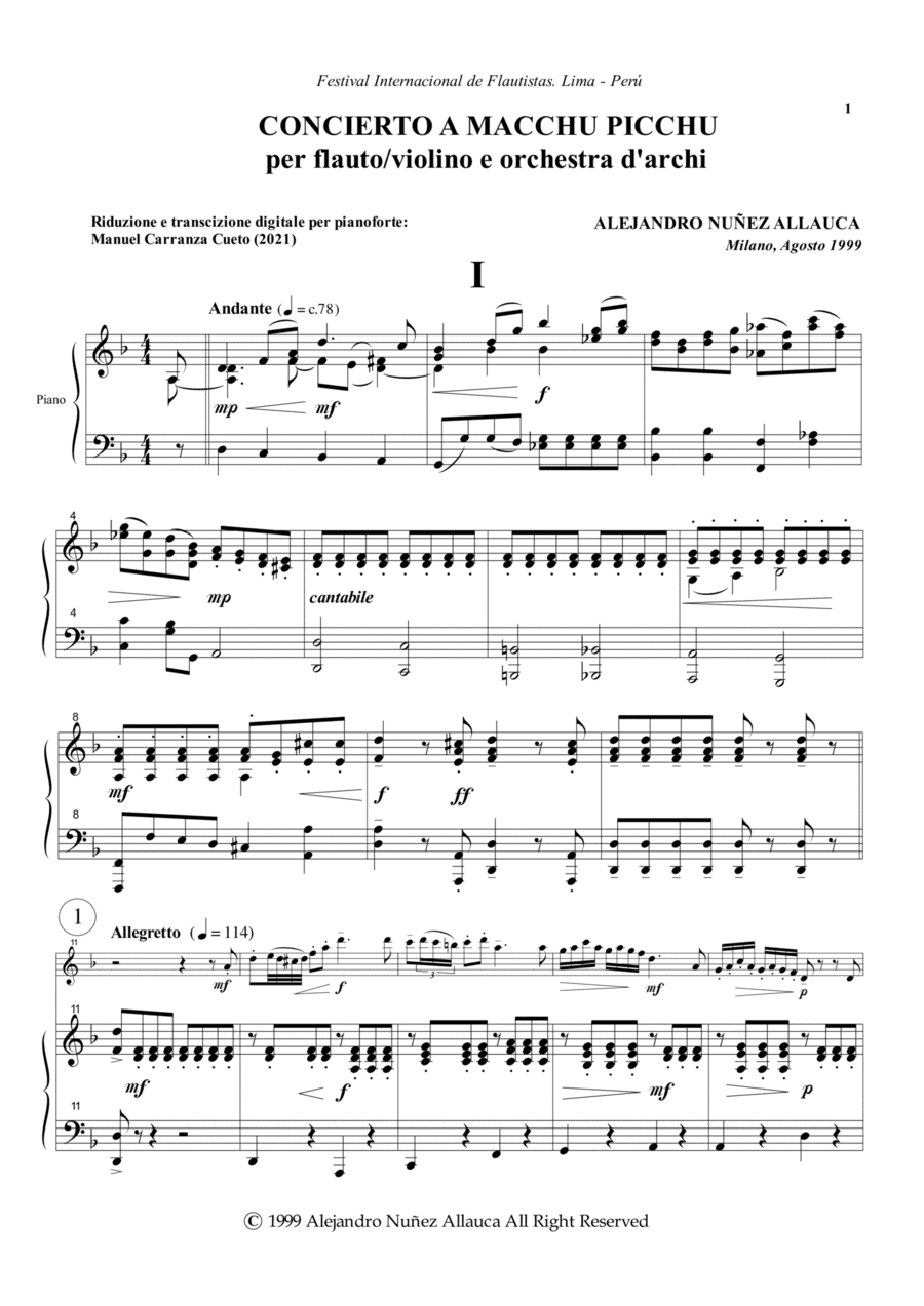 Concierto a Macchu Picchu for flute and string orchestra (Piano reduction) (arr. Manuel Carranza Cueto)