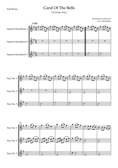 Carol Of The Bells (Christmas Song) for Soprano Saxophone Trio (D Minor) (arr. Fabio Britto)