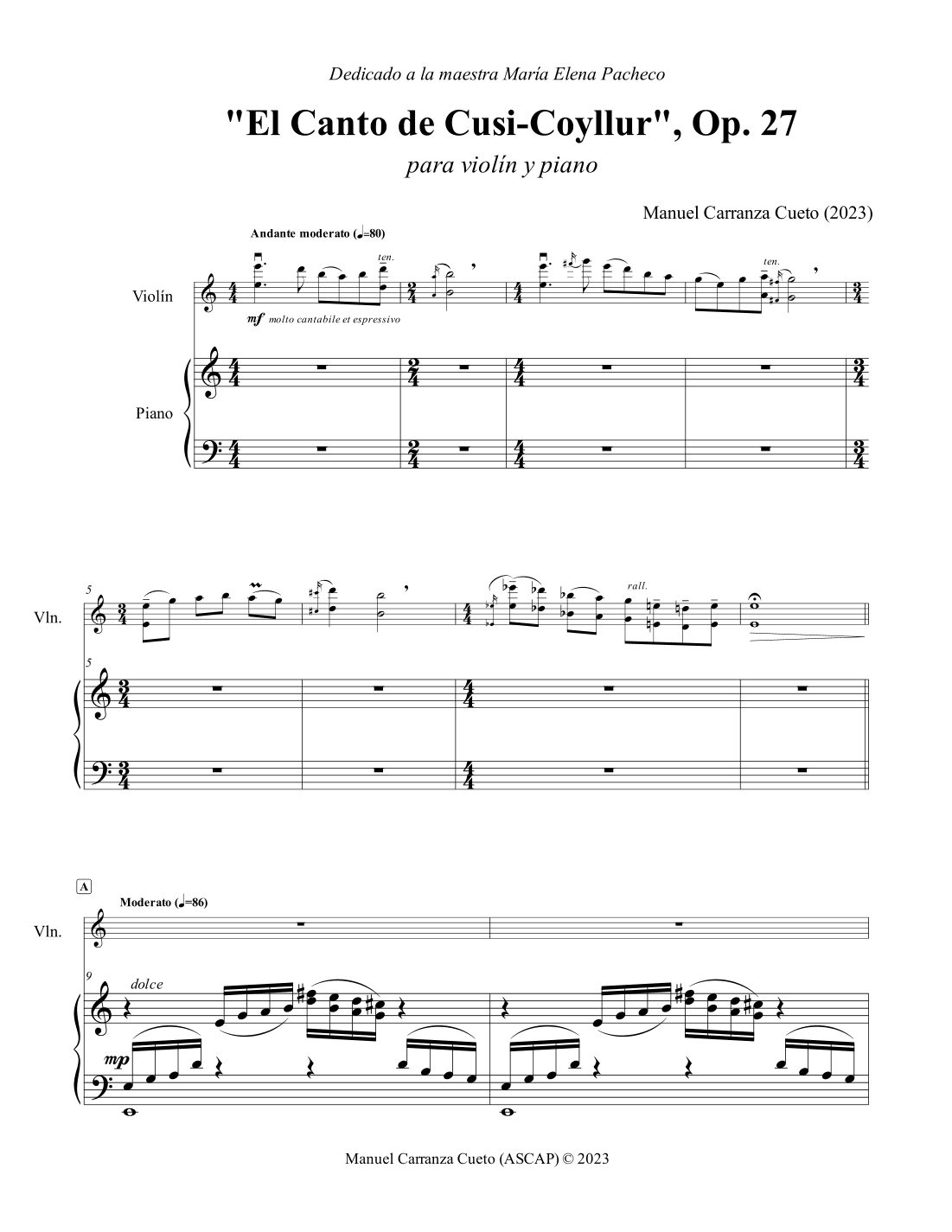 El Canto de Cusi-Coyllur, Op. 27 for violin and piano