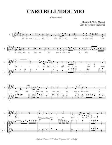 CARO BELL'IDOL MIO KV 562 - Arr. Canon for Soprano, Flute and Alto Flute - Score Only (arr. Renato Tagliabue)