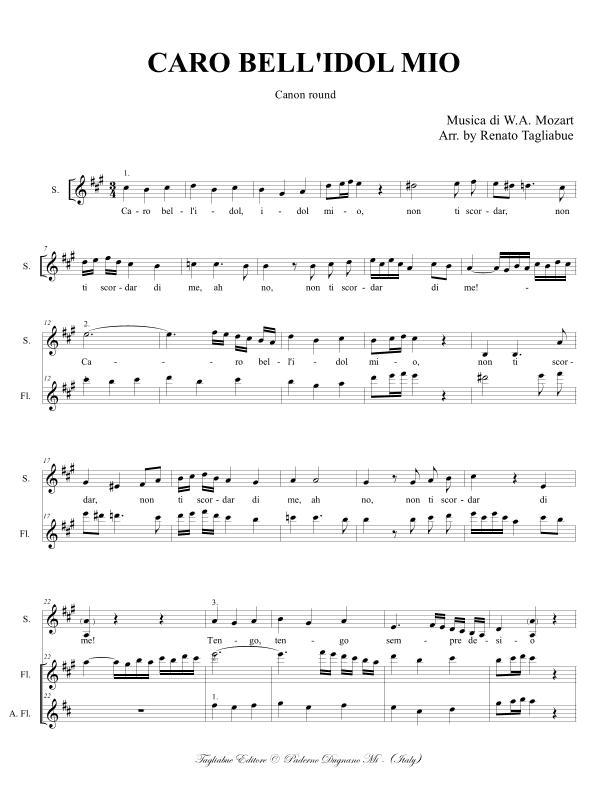 CARO BELL'IDOL MIO KV 562 - Arr. Canon for Soprano, Flute and Alto Flute - Score Only (arr. Renato Tagliabue)