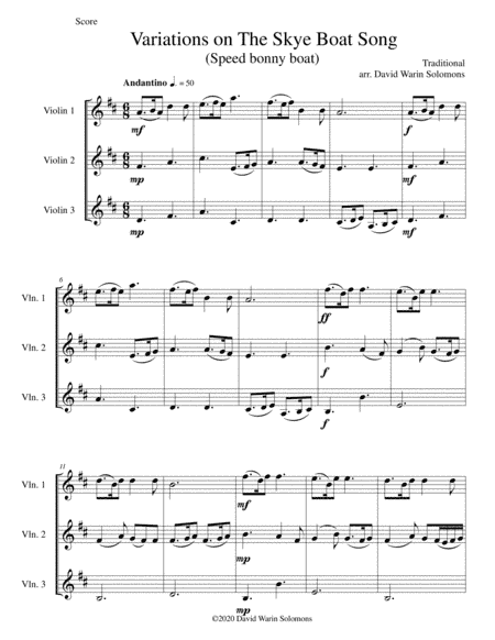 Variations on The Skye Boat Song (Speed bonnie boat) for violin trio (arr. David Warin Solomons)