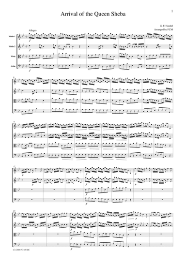 Handel  Arrival of the Queen Sheba, for string quartet, CH102 (arr. FCMUSIC)