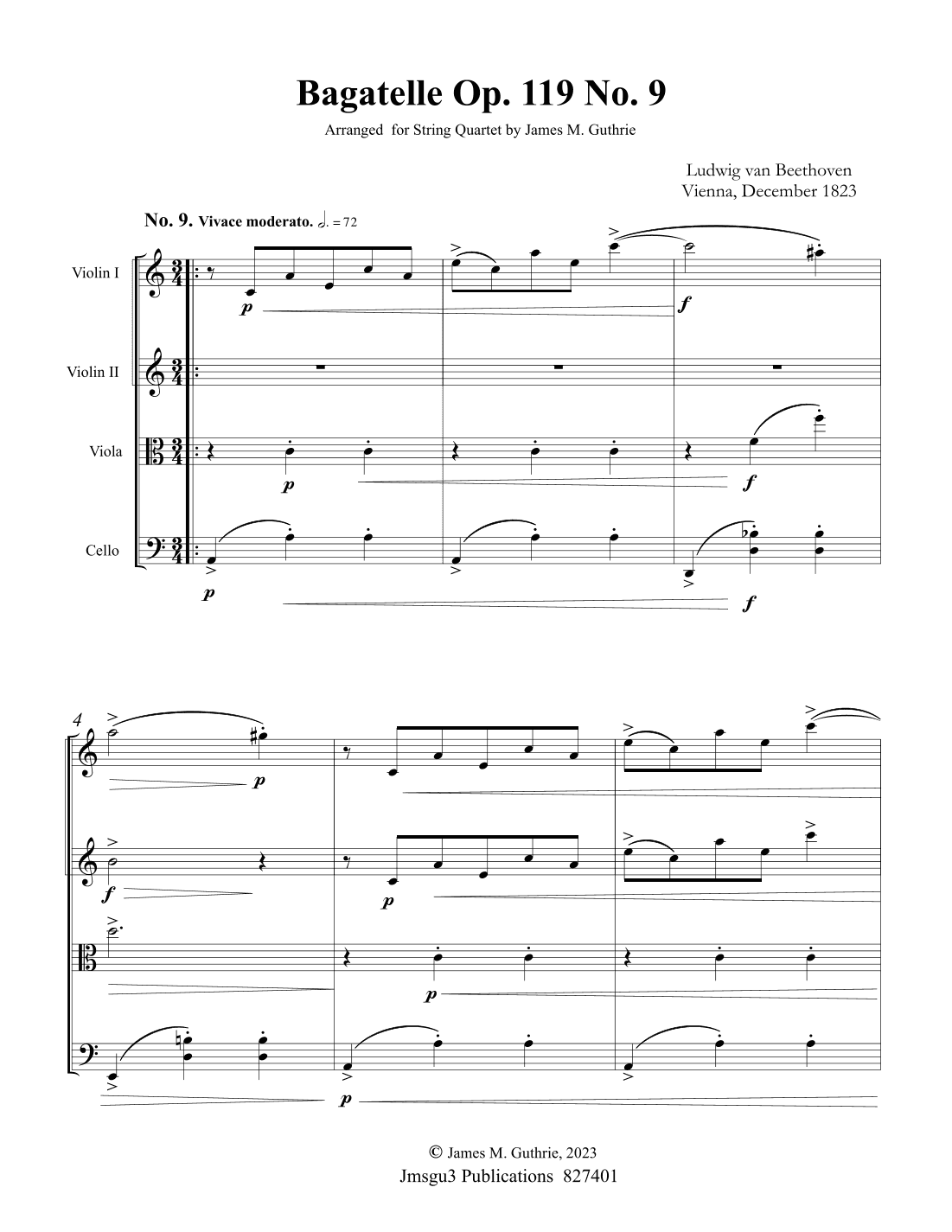 Beethoven: Bagatelle Op. 119 No. 9 for String Quartet (arr. James M. Guthrie, ASCAP)