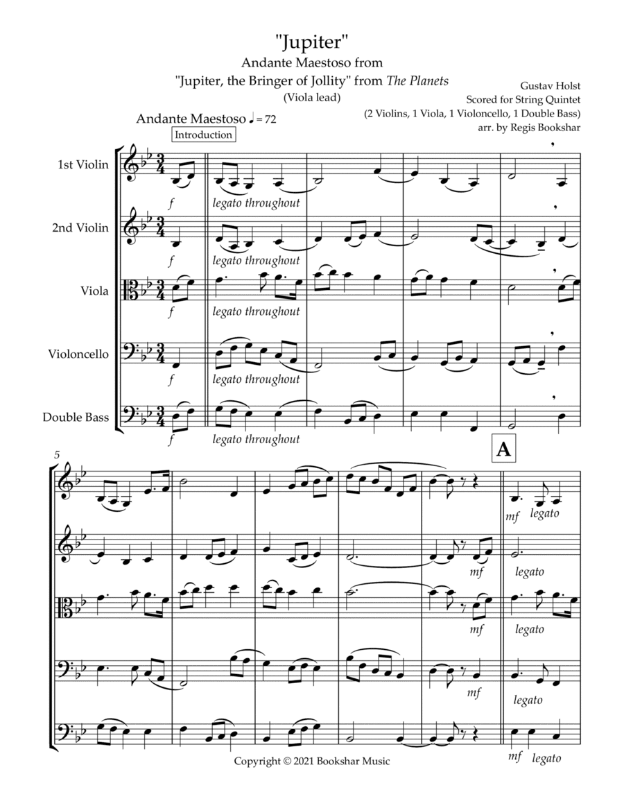 Jupiter (Andante Maestoso from "Jupiter, the Bringer of Jollity" from The Planets) (Bb) (String Quin (arr. Regis Bookshar)