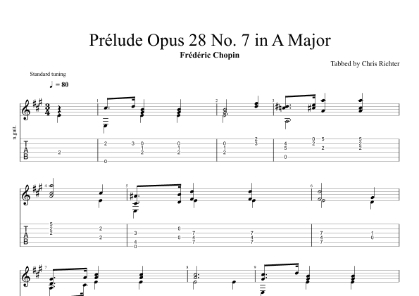 Prélude Opus 28 No. 7 in A Major (Solo Fingerstyle Guitar Tab) (arr. Chris Richter)