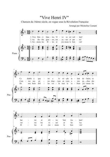 Vive Henri IV (Chanson populaire du 16ème siècle)- pour voix et piano ou piano seul. (arr. Cumant Micheline)