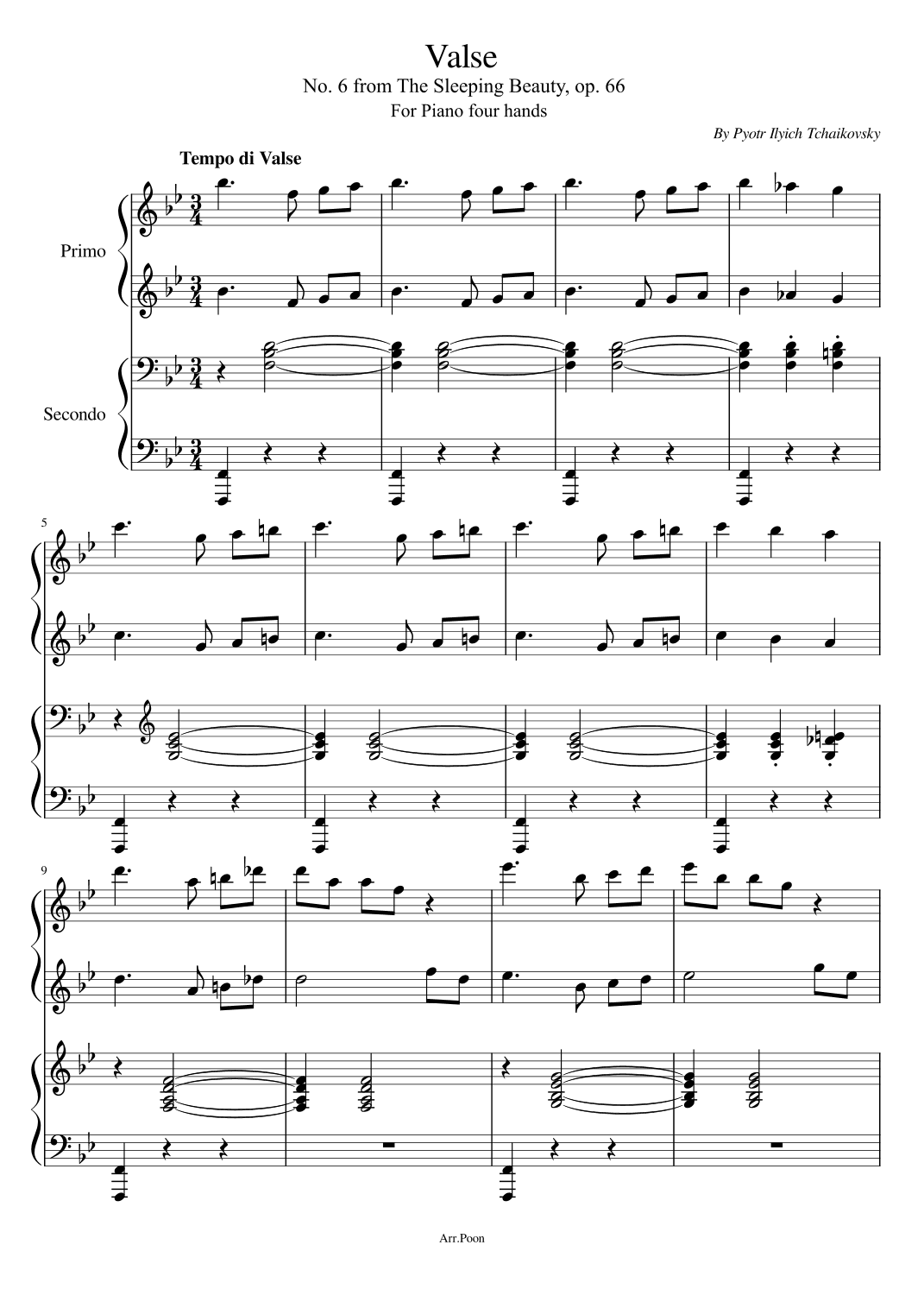 Tchaikovsky - Waltz No.6 from The Sleeping Beauty, Op. 66 - Piano 4hands (arr. poon)