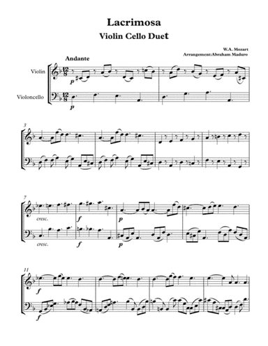 Lacrimosa from Mozart´s Requiem Violin-Cello Duet (arr. Abraham Maduro)