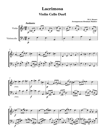 Lacrimosa from Mozart´s Requiem Violin-Cello Duet (arr. Abraham Maduro)