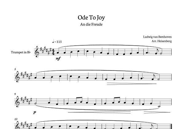 Beethoven - Ode to Joy for trumpet - clean version in E major. (arr. Heisenberg)