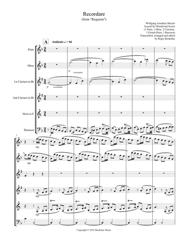 Recordare (from "Requiem") (F) (Woodwind Sextet - 1 Flute, 1 Oboe, 2 Clar, 1 Hrn, 1 Bassoon) (arr. Regis Bookshar)