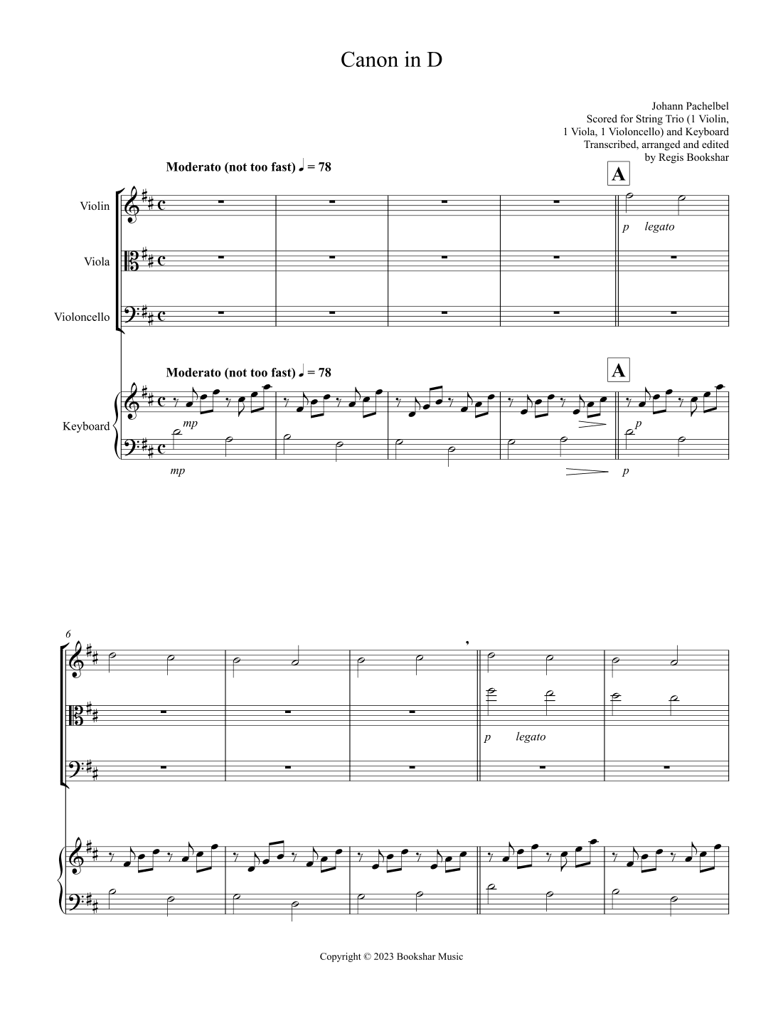 Canon in D (Pachelbel) (D) (String Trio - 1 Violin, 1 Viola, 1 Cello), Keyboard) (arr. Regis Bookshar)
