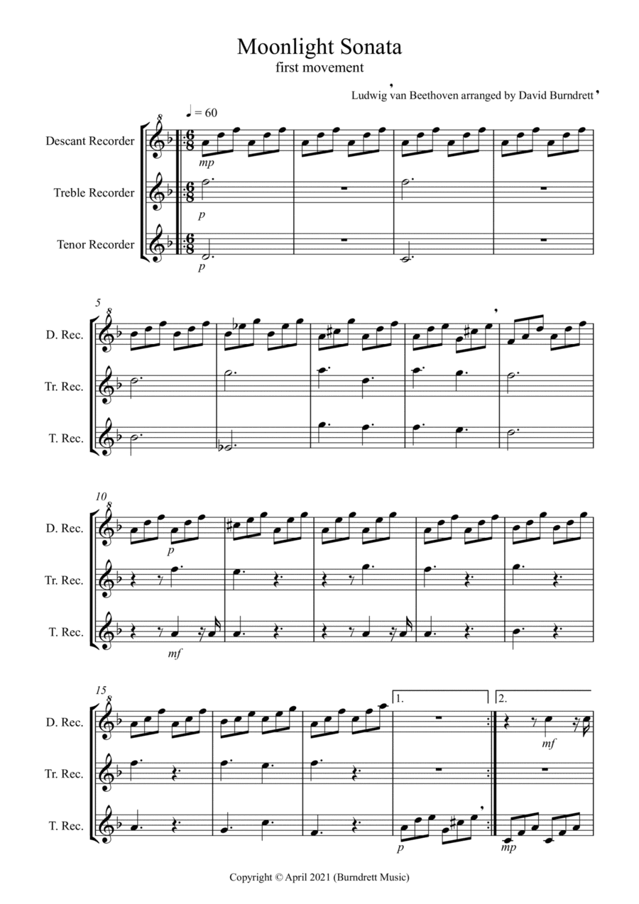 Moonlight Sonata (1st movement) for Recorder Trio (arr. David Burndrett)