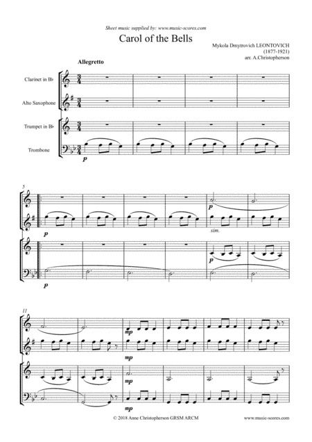 Carol of the Bells - Clarinet, Alto Sax, Trumpet, Trombone (arr. Anne L Christopherson GRSM ARCM)