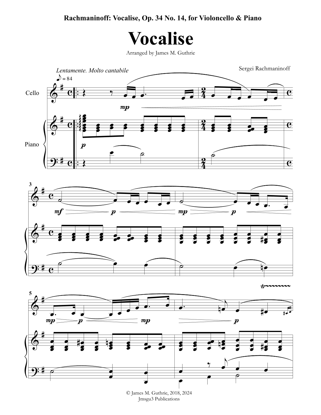 Rachmaninoff: Vocalise for Cello & Piano (arr. James M. Guthrie, ASCAP)