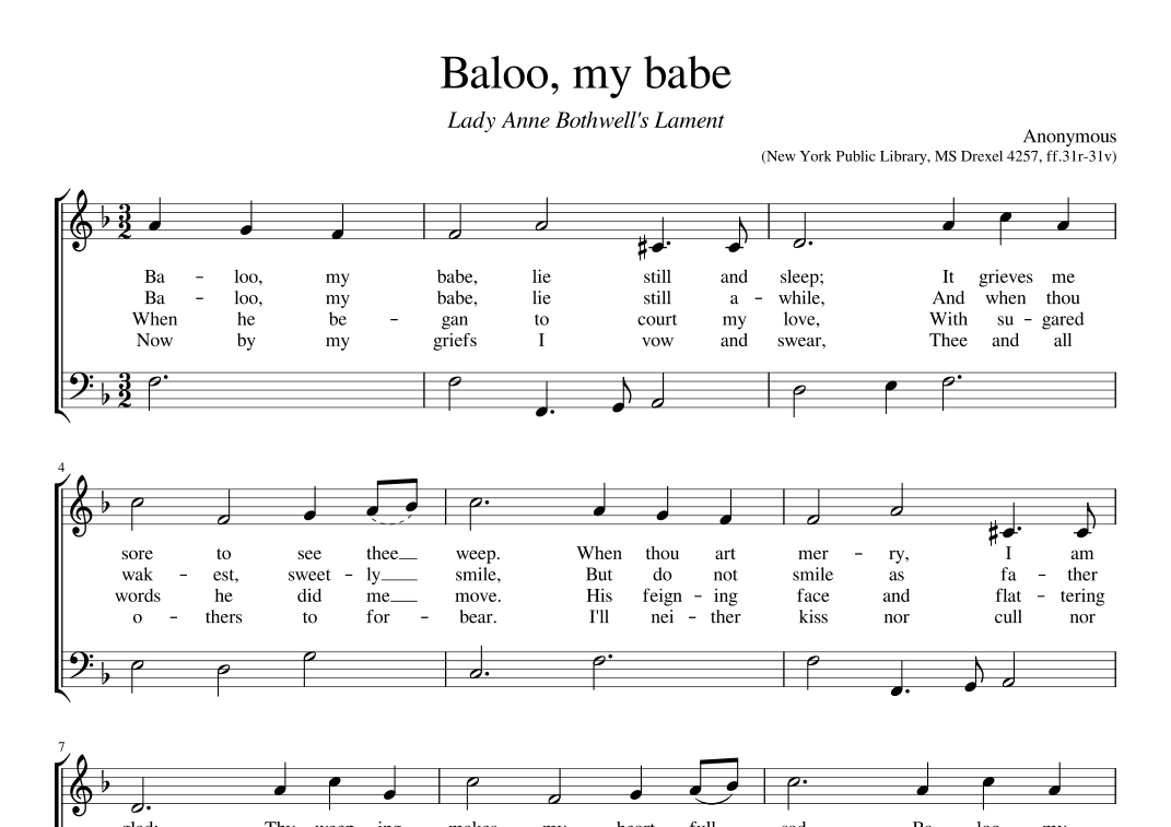 Baloo my babe (Lady Anne Bothwell's lament) (arr. Early Music Scores)