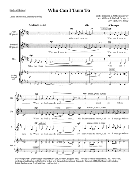 Who Can I Turn To (when Nobody Needs Me) (arr. William J. Bullock)