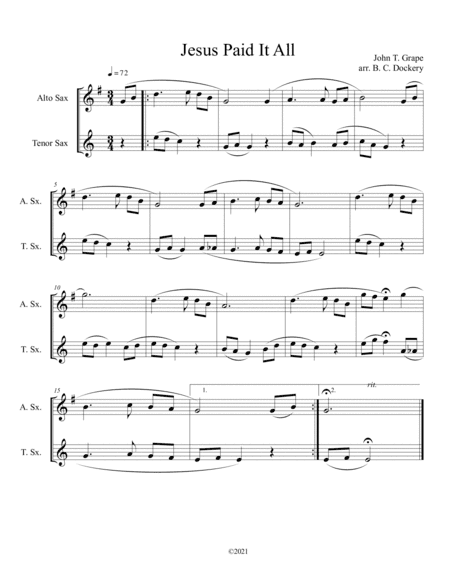 Jesus Paid It All (alto and tenor sax duet) (arr. B. C. Dockery)