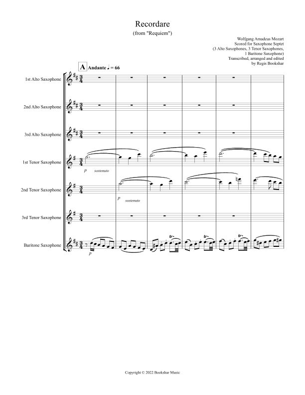 Recordare (from "Requiem") (F) (Saxophone Sextet - 3 Alto, 3 Ten, 1 Bari) (arr. Regis Bookshar)