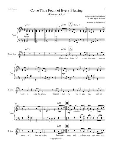Come Thou Fount of Every Blessing (Piano & Vocal Solo) (arr. Spencer Hall)