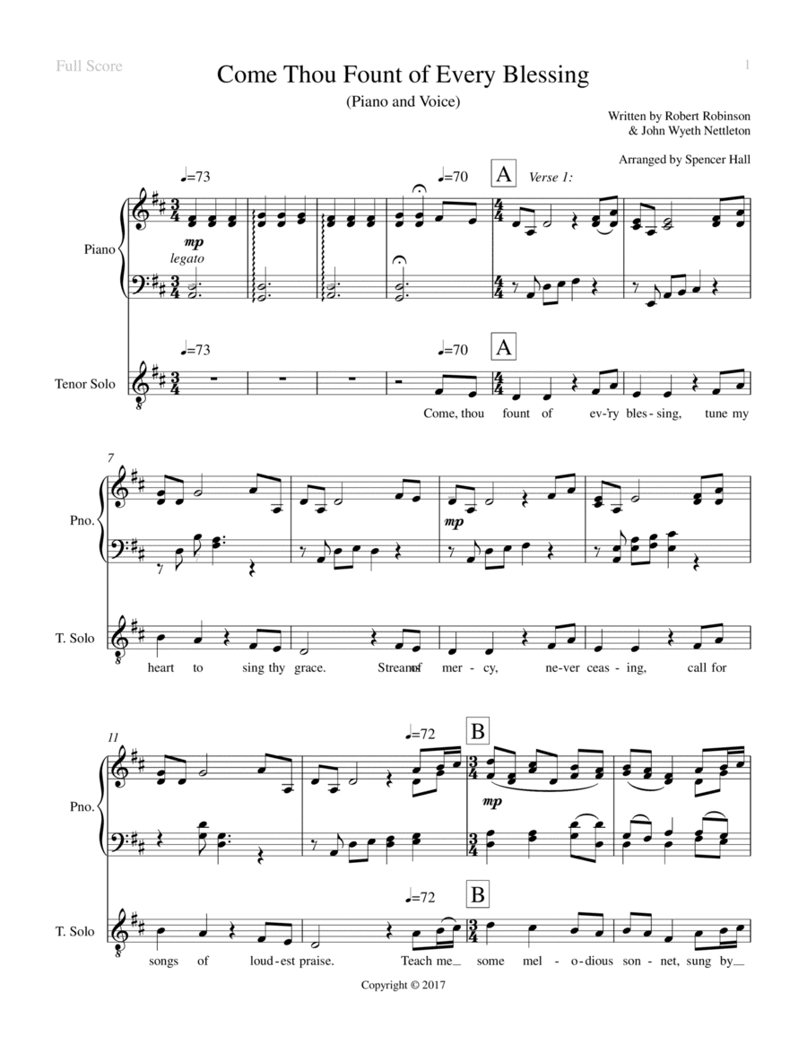 Come Thou Fount of Every Blessing (Piano & Vocal Solo) (arr. Spencer Hall)