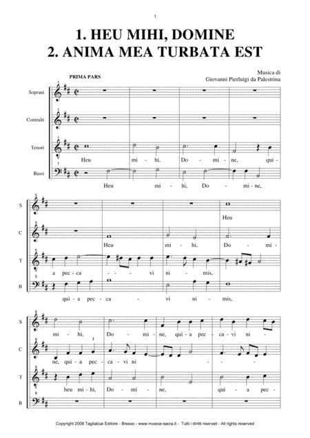 HEU MIHI - ANIMA TURBATA EST - Mottetto  for SATB Chorus - Palestrina G.PL.