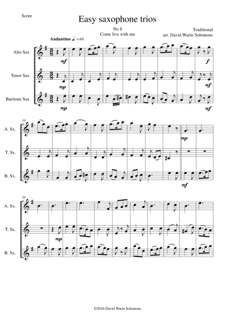 Come live with me for saxophone trio (arr. David Warin Solomons)