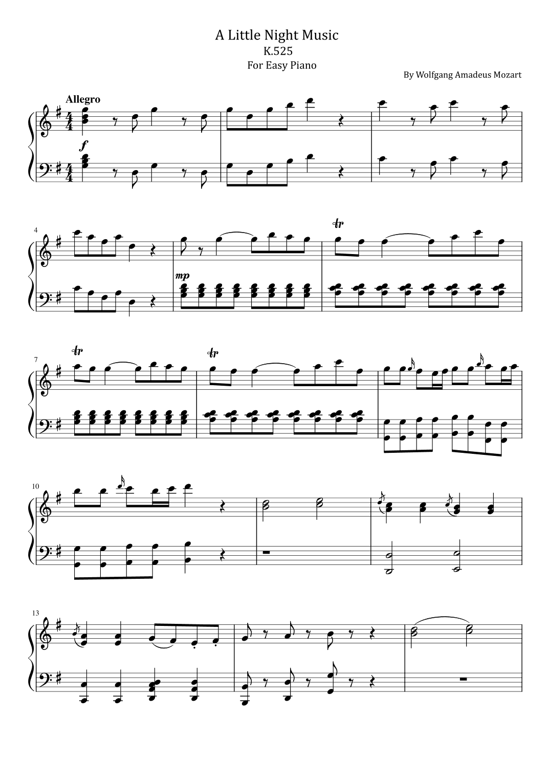 Mozart - Eine Kleine Nachtmusik - A Little Night Music - K.525 - For Easy Piano (arr. poon)