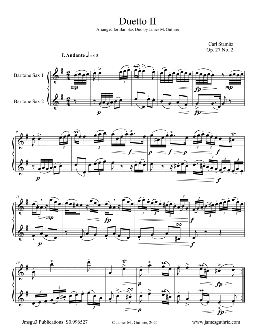 Stamitz: Duet Op. 27 No. 2 for Baritone Sax Duo (arr. James M. Guthrie)