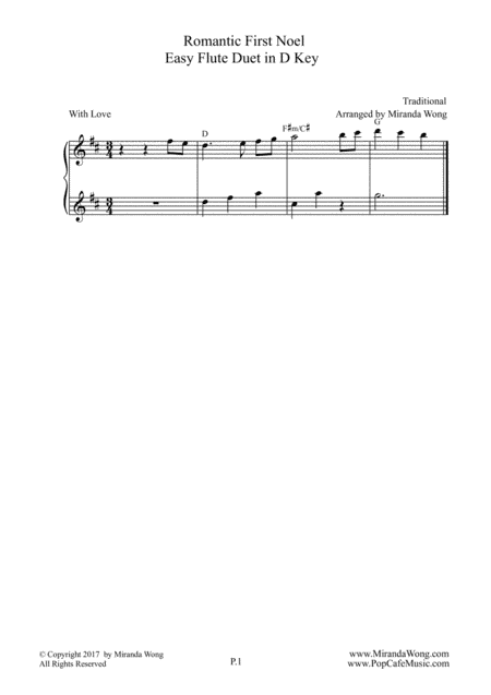Romantic First Noel - Flute or Oboe Duet in D Key (With Chords) (arr. Miranda Wong)