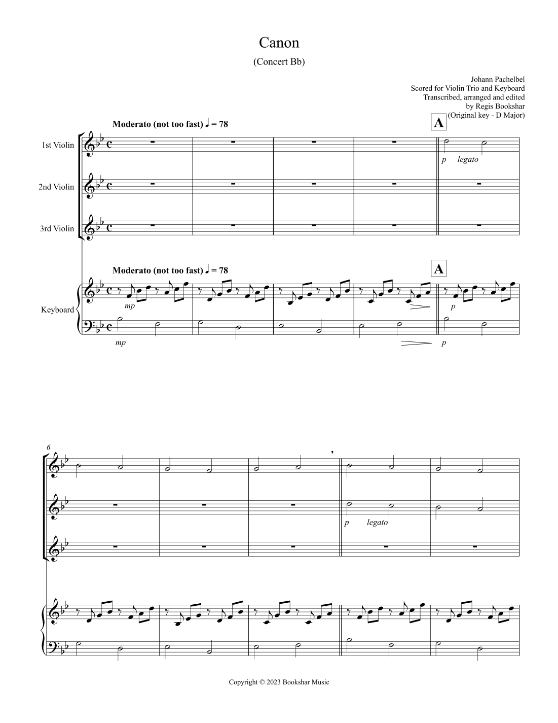 Canon (Pachelbel) (Bb) (Violin Trio, Keyboard) (arr. Regis Bookshar)