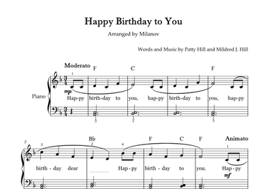 Happy Birthday to You Piano in F Easy Intermediate Chord Fingering Lyrics (arr. Milanov)
