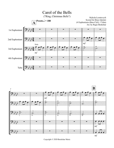Carol of the Bells (F min) (Brass Quintet - 4 Euphoniums (Bass Clef), 1 Tuba) (arr. Regis Bookshar)