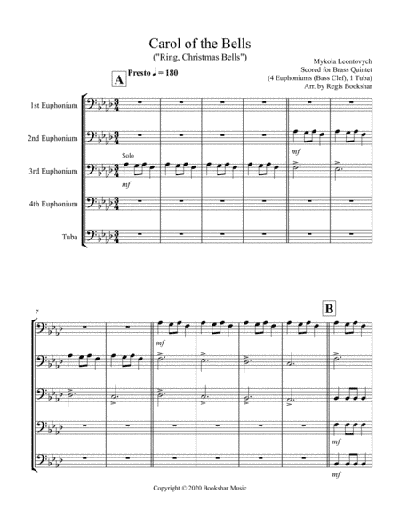 Carol of the Bells (F min) (Brass Quintet - 4 Euphoniums (Bass Clef), 1 Tuba) (arr. Regis Bookshar)