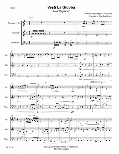 VESTI LA GIUBBA (from "Pagliacci" by Ruggero Leoncavallo) for BRASS TRIO (arr. Glen Poehlmann)