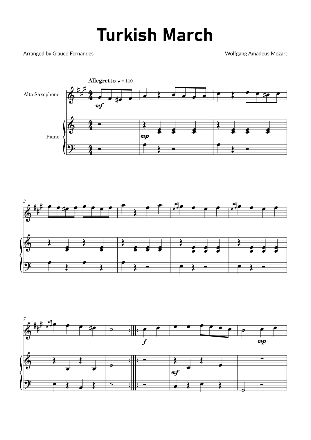 Turkish March by Mozart - Alto Saxophone and Piano (arr. Glauco Fernandes)