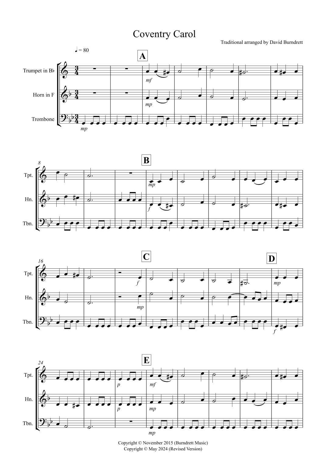 Coventry Carol for Brass Trio (arr. David Burndrett)