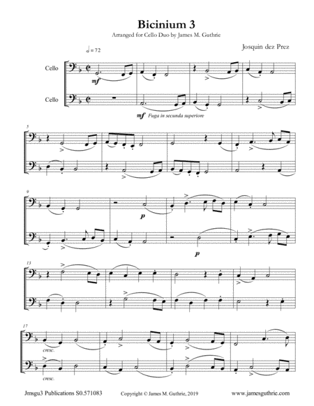 Josquin: Bicinium 3 for Cello Duo (arr. James M. Guthrie)