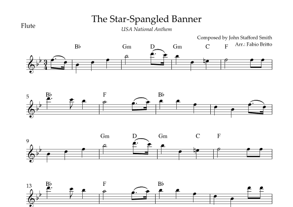The Star Spangled Banner (USA National Anthem) for Flute Solo with Chords (Bb Major) (arr. Fabio Britto)